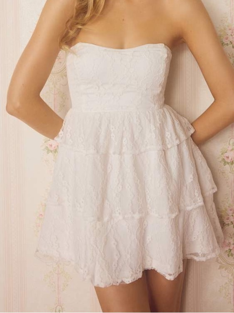 Lulus Sweet Perception White Lace Strapless Tiered Mini Dress large